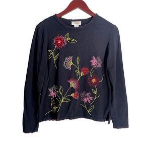 Talbots Black Embroidered Floral Sweater Medium Beaded Lightweight Knit Pullover